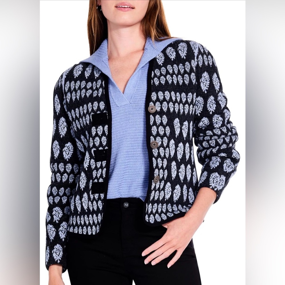 NIC+ZOE Blue Patterned Cotton Quilted Eclipse Knit Long Sleeve Jacket Medium